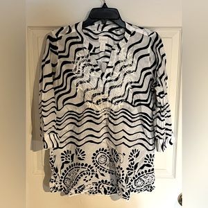 Chico’s Black & White Blouse, Embroidered Detail, 3/4 inch Sleeves, Small